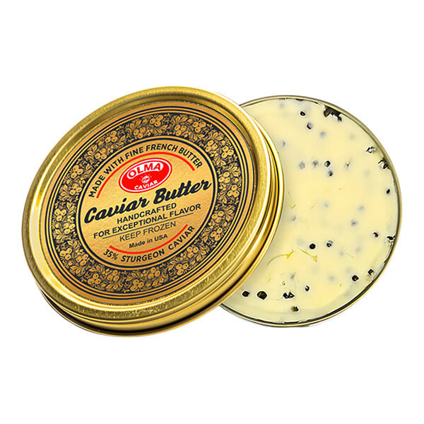 A round tin of Olma Caviar Butter with a gold lid and visible caviar pieces in the butter.