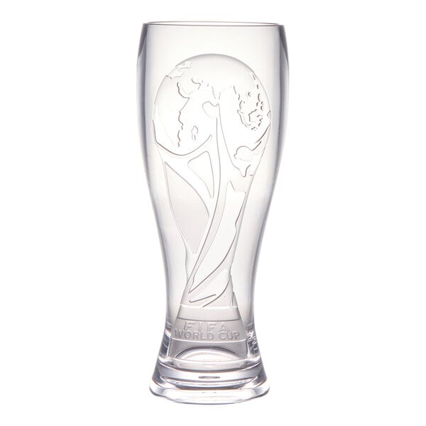 A clear plastic pilsner glass featuring an embossed FIFA World Cup trophy design.
