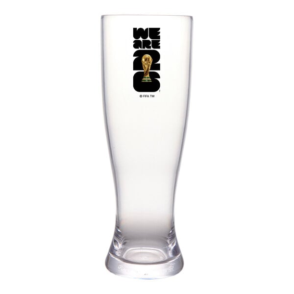 A clear plastic pilsner glass featuring the FIFA World Cup 2026 logo and trophy design.