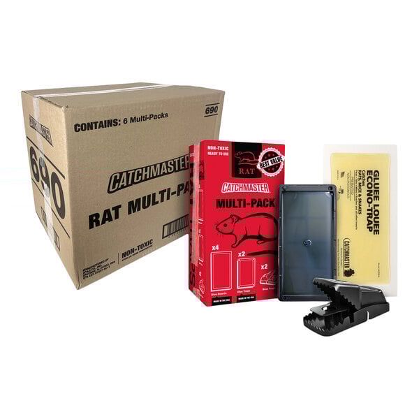 A multi-pack case of Catchmaster rat traps including glue boards and snap traps.