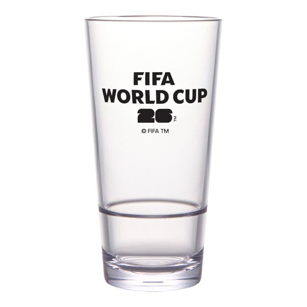 A clear plastic mixing glass with a black FIFA World Cup 2026 logo printed on the front.