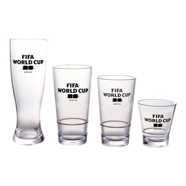 A set of four clear plastic drinking glasses with the FIFA World Cup 2026 logo printed in black on each glass.