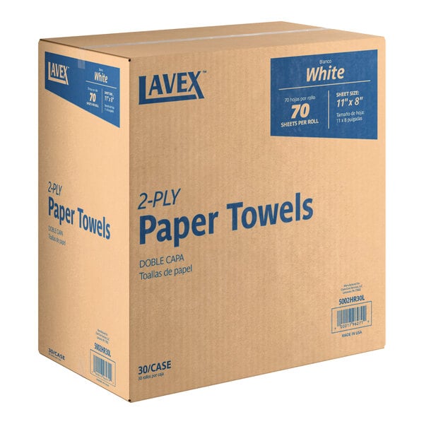 A case of Lavex 2-ply paper towel rolls containing 30 rolls, each with 70 sheets.