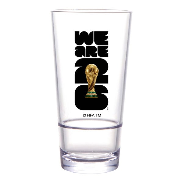 A clear plastic mixing glass featuring the FIFA World Cup 2026 logo and trophy design.