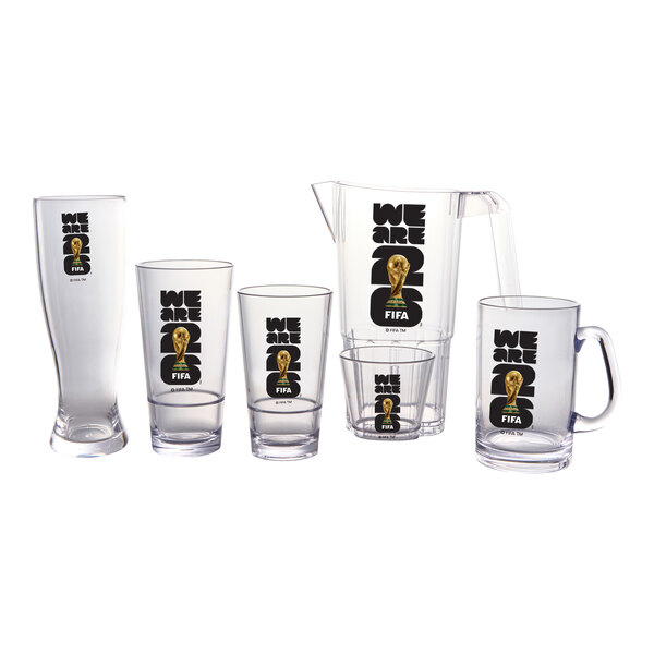 A set of clear plastic drinkware and a pitcher featuring the FIFA World Cup 2026 logo and text.