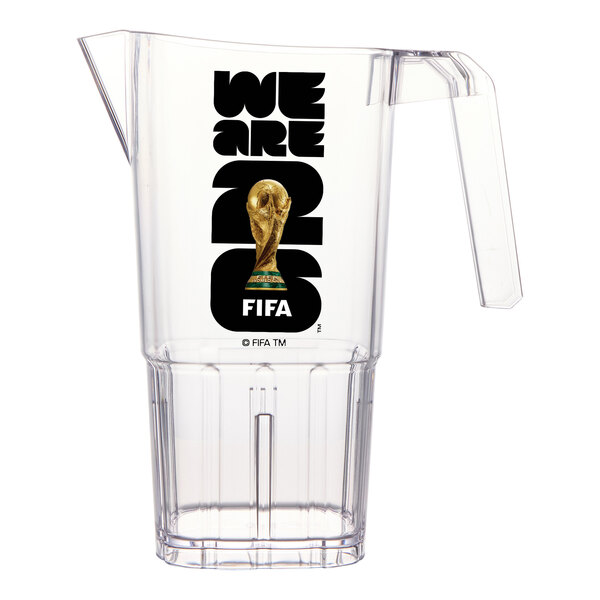 A clear plastic pitcher featuring the FIFA World Cup 2026 logo and trophy design on the side.