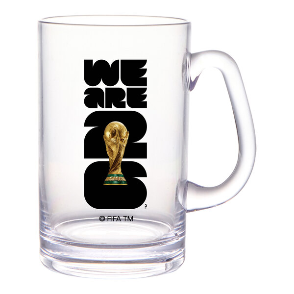 A clear plastic beer mug featuring the FIFA World Cup 2026 logo and trophy image.