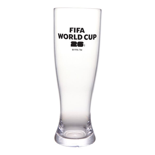 A clear plastic pilsner glass with a black FIFA World Cup 2026 logo printed on the front.