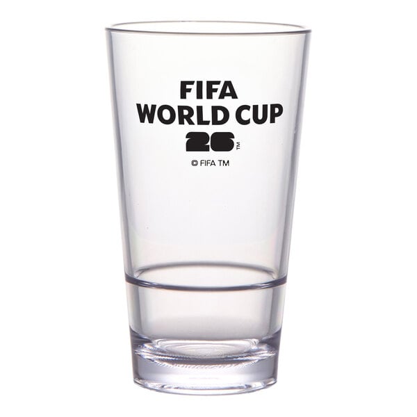 A clear 16 oz. plastic pint glass featuring a black FIFA World Cup 2026 logo.
