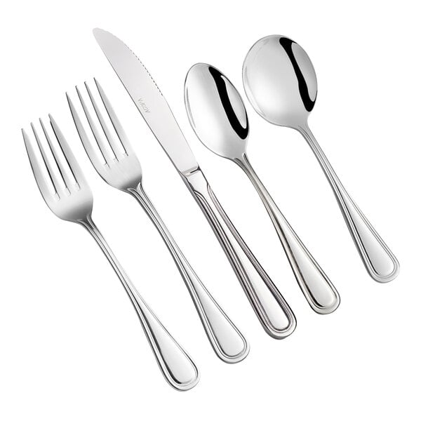 A five-piece set of stainless steel flatware including two forks, a knife, and two spoons.