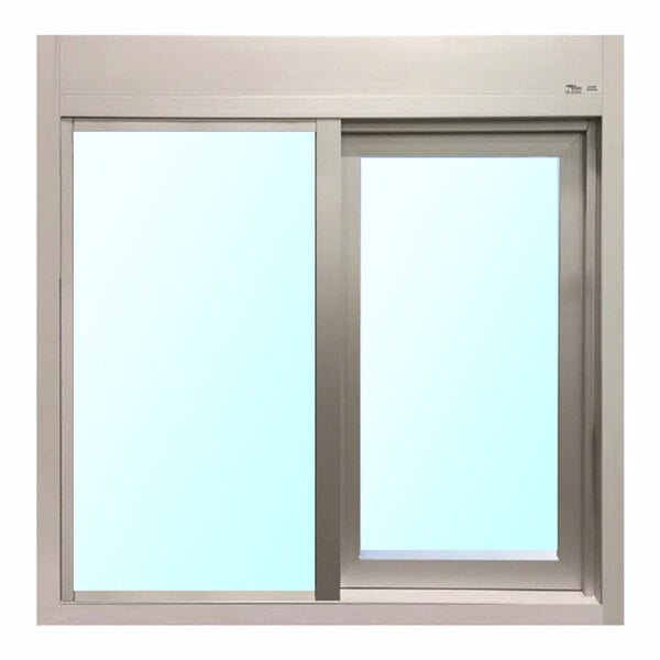 A silver right-to-left manual drive-thru window with 1/4 inch tempered glass.