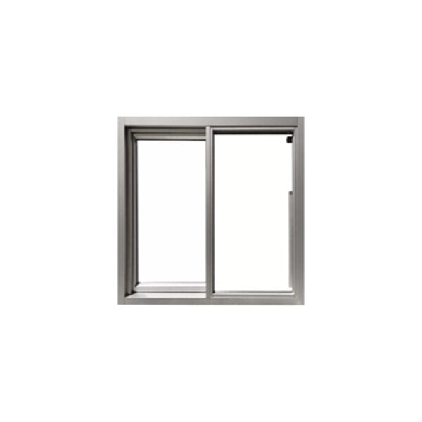 A silver low-profile manual drive-thru window with left-to-right sliding operation and 1/4 inch tempered glass.