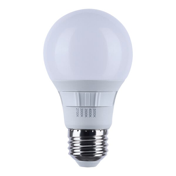 A white A19 LED light bulb with a standard screw base and selectable color temperatures.