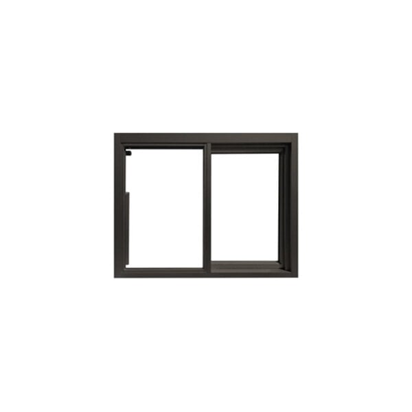 A bronze right-to-left manual drive-thru window with a low-profile frame and tempered glass.