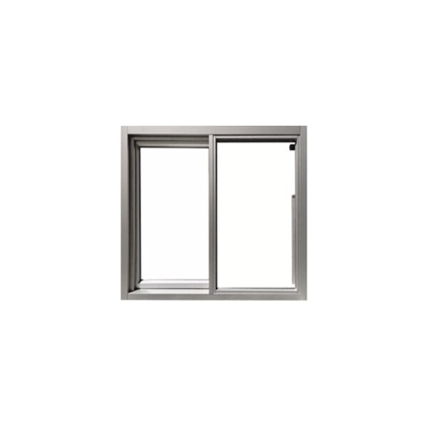 A silver low-profile manual drive-thru window with left-to-right sliding operation and 1/4 inch tempered glass.