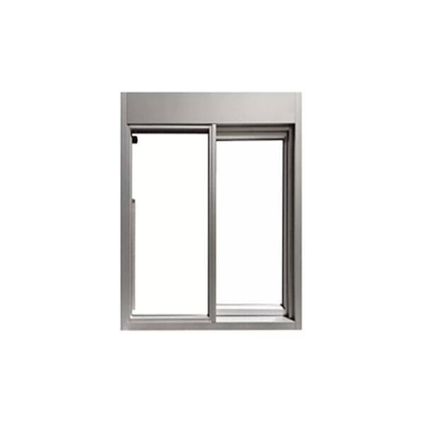 A silver right-to-left manual drive-thru window with a rectangular frame and clear tempered glass panels.