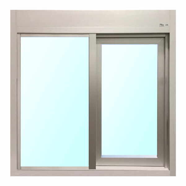 A silver right-to-left manual drive-thru window with Solarban 70XL 3/4-inch tempered glass.