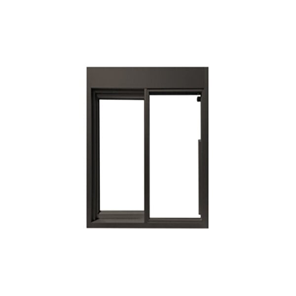 A bronze left-to-right manual drive-thru window with a rectangular frame and one open sliding section.