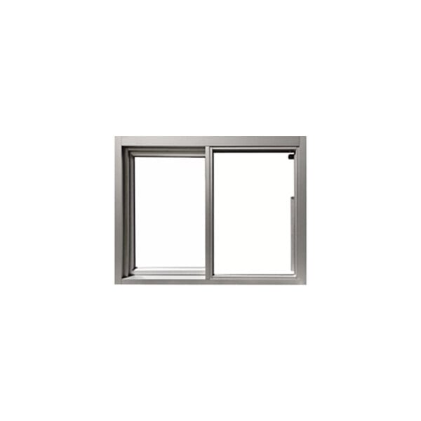 A silver low-profile manual drive-thru window with left-to-right sliding operation and 1/4 inch tempered glass.