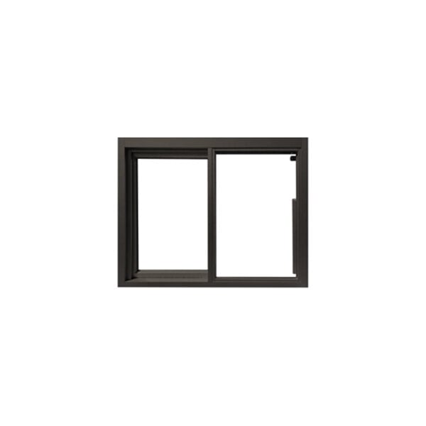 A bronze low-profile left-to-right manual drive-thru window with a rectangular frame and clear tempered glass.