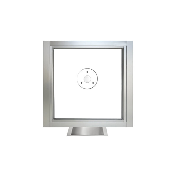 A silver teller or cashier window with bullet-resistant glass and a central circular opening.