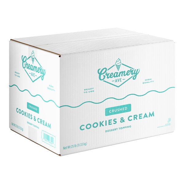 A large box of Creamery Ave. crushed cookies and cream dessert topping weighing 25 pounds.