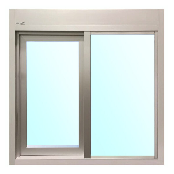 A silver left-to-right manual drive-thru window with 1/4 inch tempered glass.