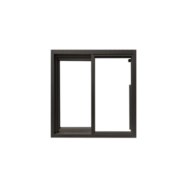 A bronze low-profile left-to-right manual drive-thru window with a square frame and clear tempered glass.