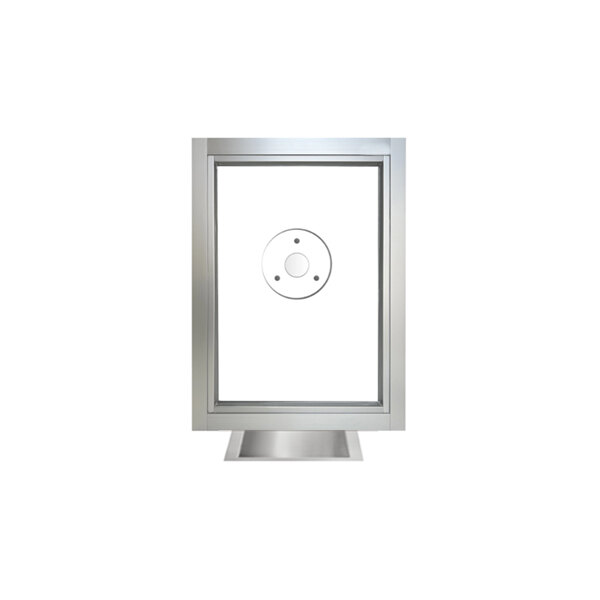 A silver teller or cashier window with 3/4 inch Level 1 bullet-resistant glass, measuring 24 inches by 4 1/2 inches by 33 3/4 inches.