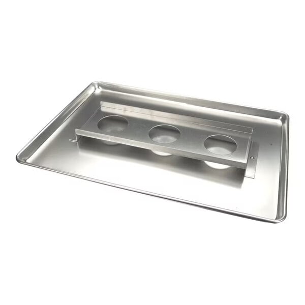 A metal Sterno holder assembly with three circular cutouts, placed on a rectangular baking tray.