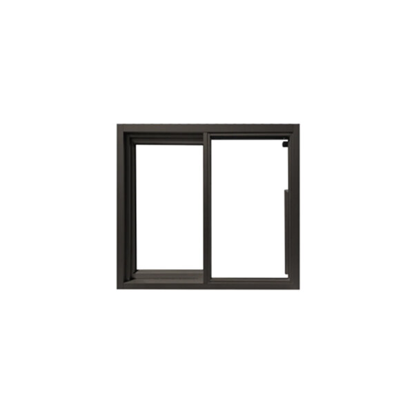 A bronze low-profile manual drive-thru window with a left-to-right sliding design and tempered glass.