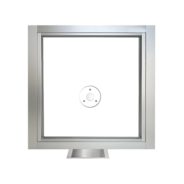 A silver teller or cashier window with bullet-resistant glass and a central circular opening.
