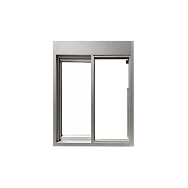A silver left-to-right manual drive-thru window with 1/4 inch tempered glass.