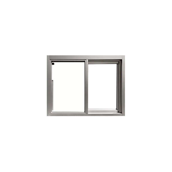 A silver right-to-left manual drive-thru window with a low-profile frame and 1/4 inch tempered glass.