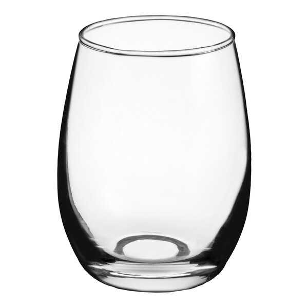A clear, stemless wine tasting glass with a rounded shape and a 5.5 oz. capacity.