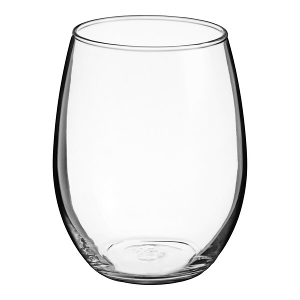 A clear, stemless wine glass with a rounded shape.