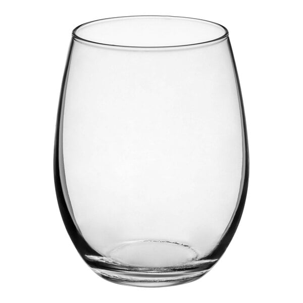 A clear, stemless wine glass with a 15 oz. capacity.