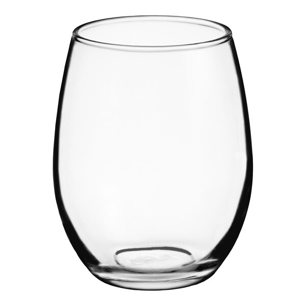 A clear, stemless wine glass with a rounded shape and a 9 oz. capacity.