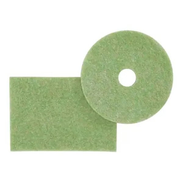 A set of green scrubbing floor pads, including a rectangular and a circular pad with a center hole.