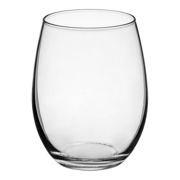 A clear, stemless wine glass with a 15 oz. capacity.