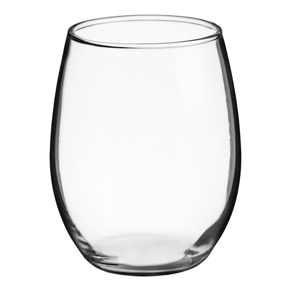 A clear, stemless wine glass with a rounded shape and a 12 oz. capacity.