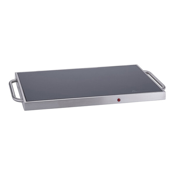 A rectangular stainless steel warming shelf with handles on both sides and a black top surface.