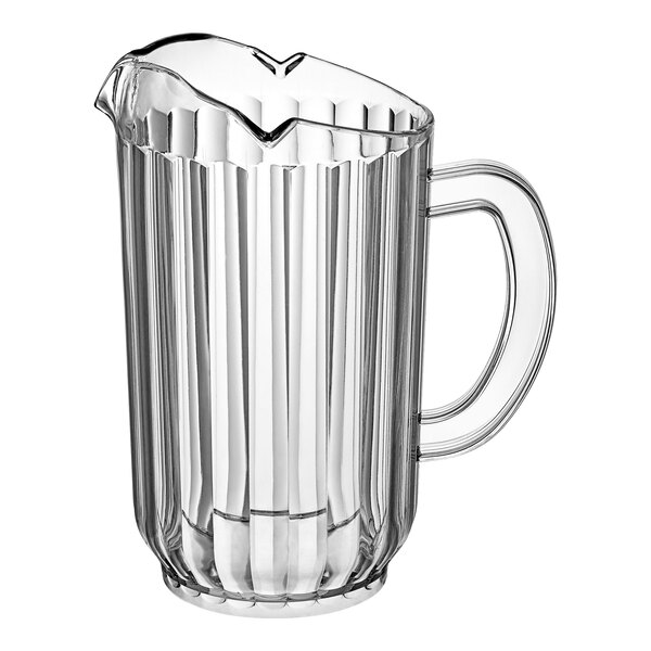 A clear plastic beverage pitcher with a handle and three spouts.