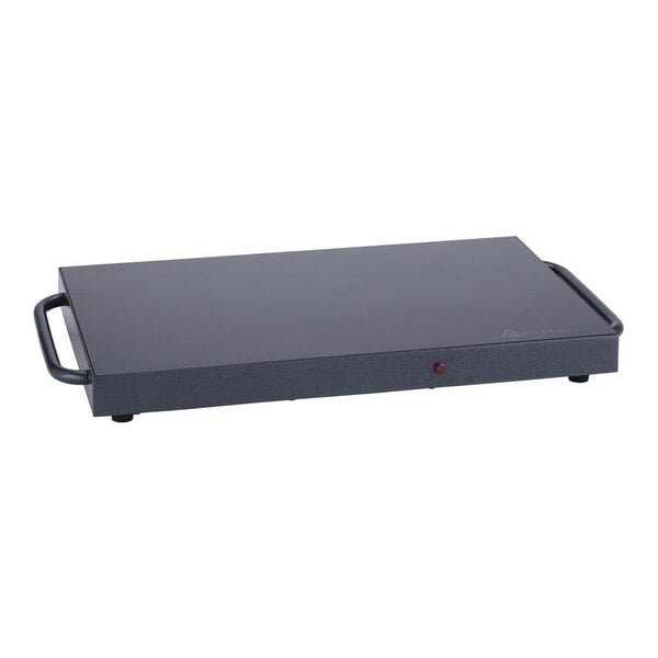 A rectangular titanium stainless steel warming shelf with black handles on each side.