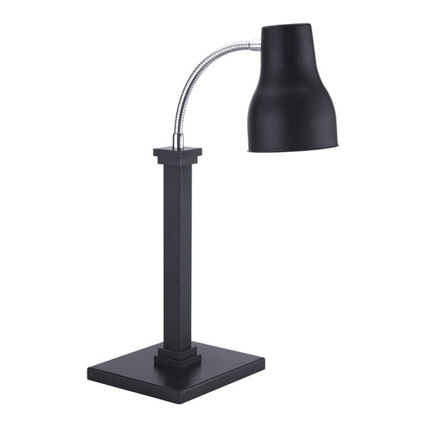 A matte black stainless steel single head heat lamp with an adjustable neck and square base.