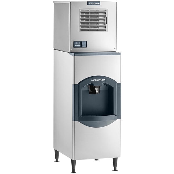 A commercial Scotsman ice machine and dispenser unit with a stainless steel exterior.