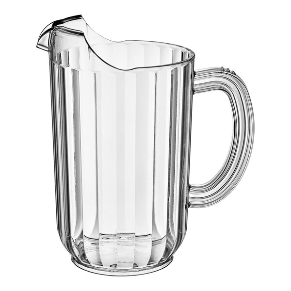 A clear 48 oz. plastic beverage pitcher with a handle and spout.