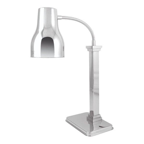 A polished stainless steel single head heat lamp with an adjustable neck and rectangular base.