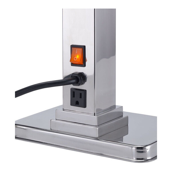 A polished stainless steel single head heat lamp with an adjustable neck, power switch, and electrical outlet.