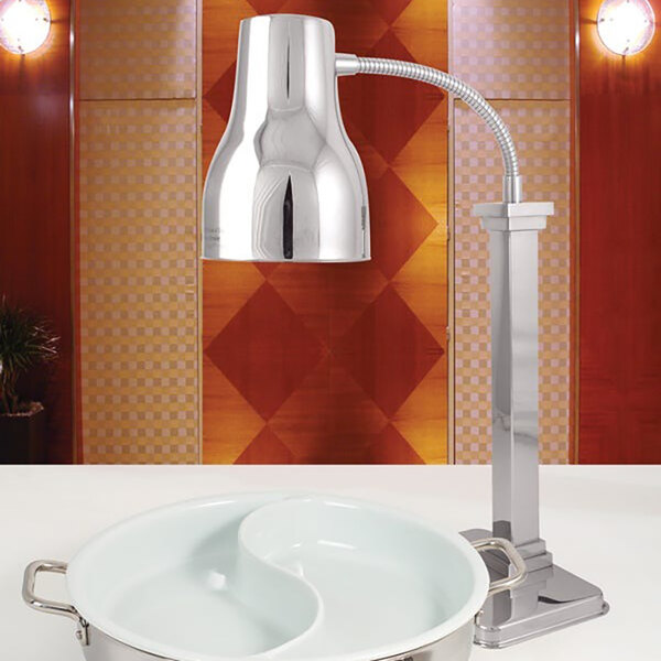 A polished stainless steel single head heat lamp with an adjustable neck, positioned above a divided serving dish.